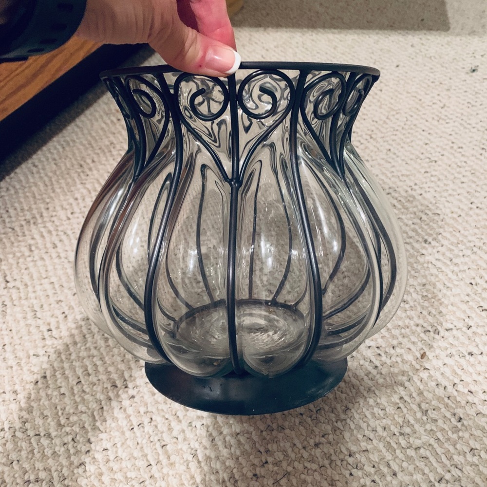 Wrought iron and glass vase